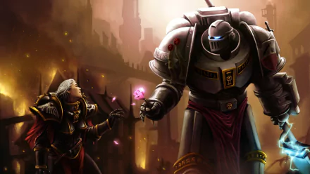 A dramatic HD wallpaper featuring a Warhammer 40k scene, showcasing a powerful armored figure interacting with a woman amidst a fiery backdrop.