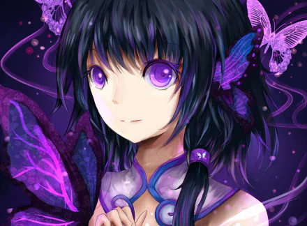 HD anime-style desktop wallpaper featuring a girl with large purple eyes and butterfly motifs in a mystical, dark purple setting.