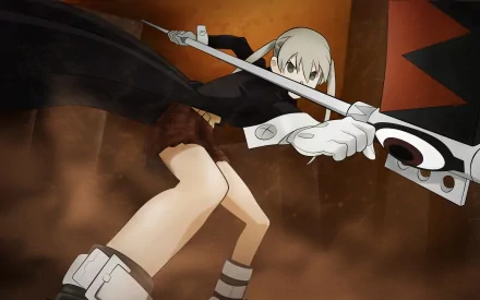HD desktop wallpaper featuring Maka Albarn from the anime Soul Eater, depicted in an action pose with her weapon, set against a dynamic background.