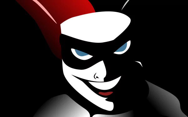 HD comic-style desktop wallpaper featuring a close-up of Harley Quinn's face with a dark background and striking red and black colors.