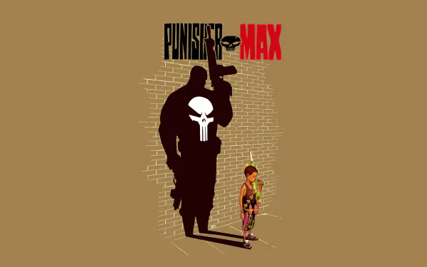 A striking 4K Ultra HD wallpaper featuring the Punisher from the comic series Punisher MAX, depicting a powerful silhouette alongside a young character in a gritty urban setting.