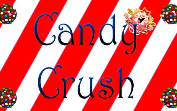 HD PC desktop wallpaper featuring the Candy Crush Saga logo with red and white striped background and colorful candy pieces from the Candy Crush video game.
