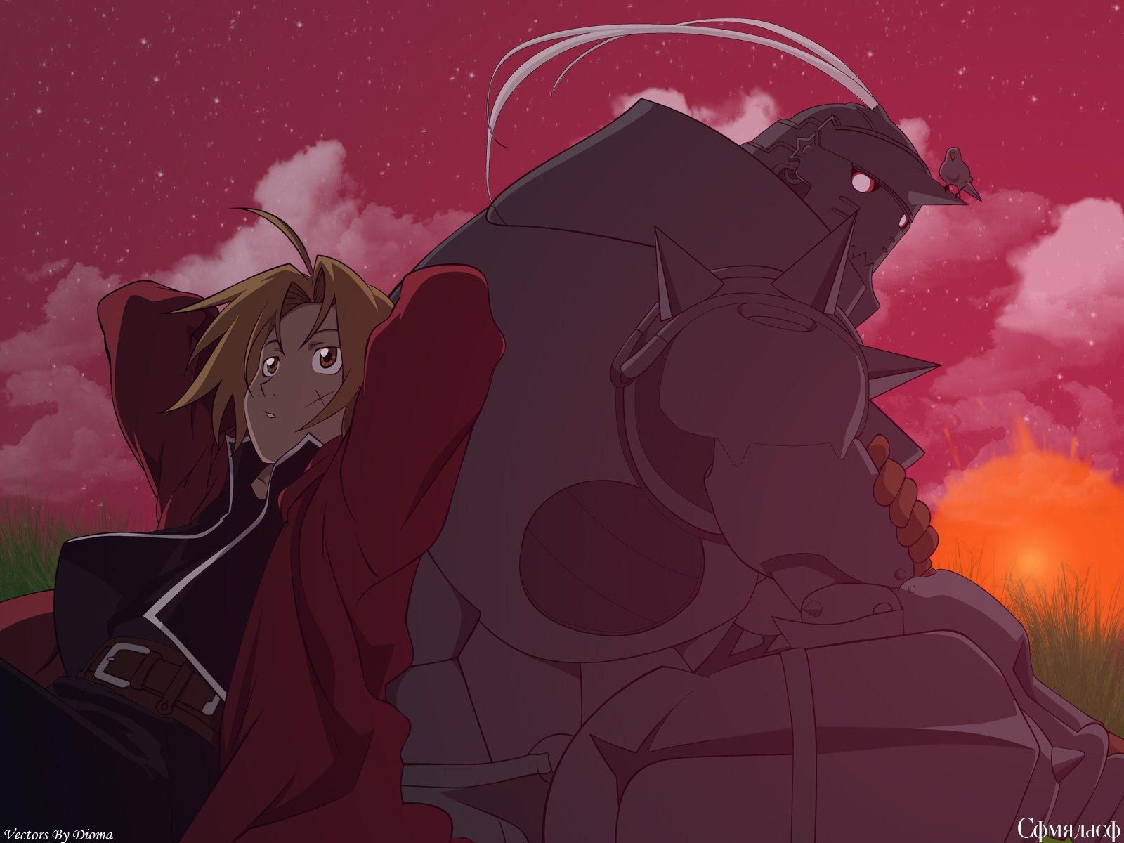 Edward and Alphonse Elric from Fullmetal Alchemist relax together against a colorful sunset backdrop. High-definition anime wallpaper featuring the iconic brothers.