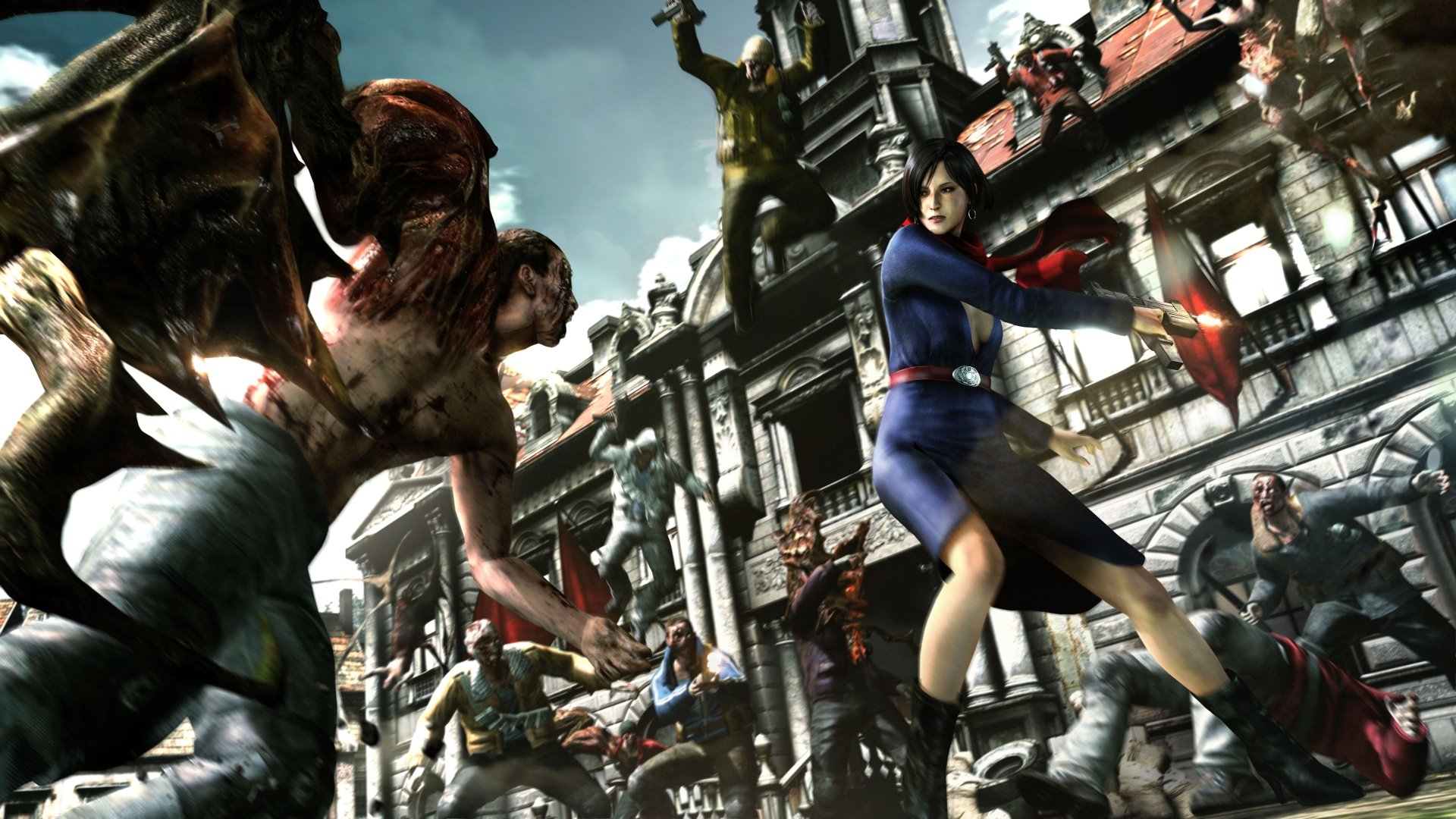 8K Ultra HD Resident Evil 6 PC wallpaper featuring a female character in action confronting grotesque zombie-like creatures in a detailed urban environment.