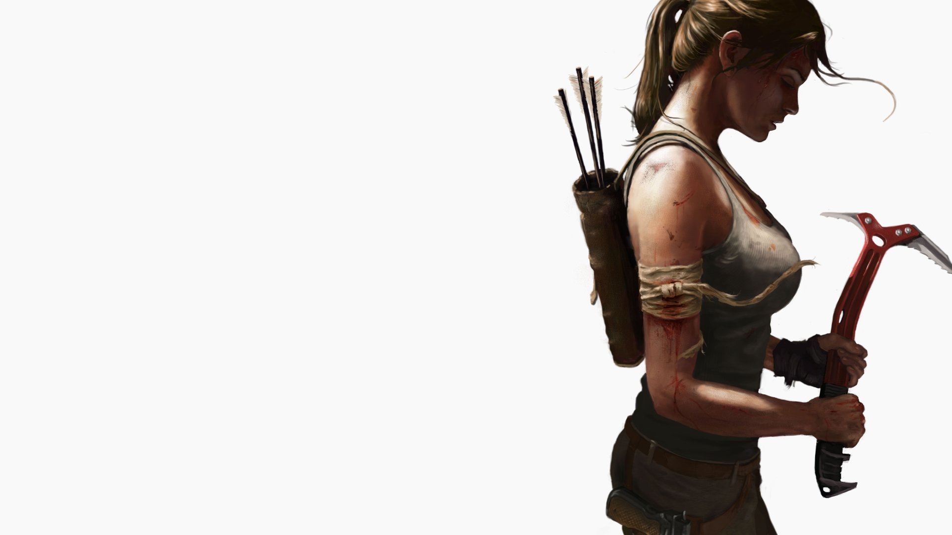 Lara Croft stands poised with her climbing axe, embodying the adventurous spirit of the Tomb Raider video game series in this striking HD desktop wallpaper.