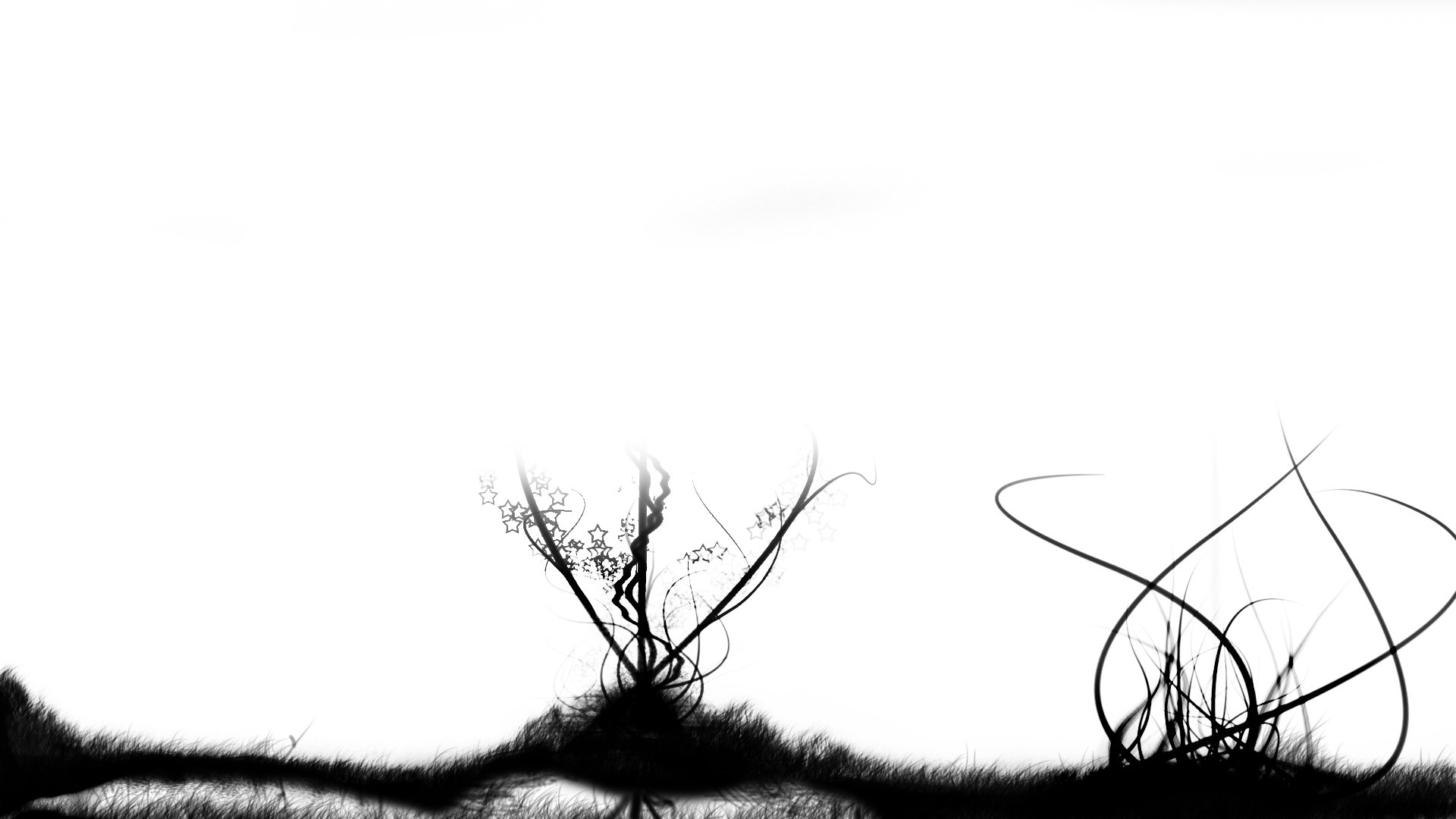Artistic HD desktop wallpaper featuring minimalist black silhouettes of plants and grass against a stark white background.