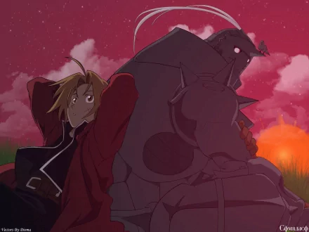 Edward and Alphonse Elric from Fullmetal Alchemist relax together against a colorful sunset backdrop. High-definition anime wallpaper featuring the iconic brothers.