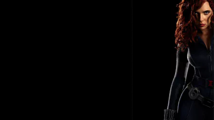 A striking HD desktop wallpaper featuring Scarlett Johansson as Black Widow from The Avengers, showcasing her iconic look against a dark background.