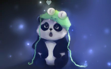 HD desktop wallpaper featuring a cute, animated panda wearing a frog hat, set against a starry night background.
