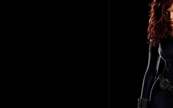 A striking HD desktop wallpaper featuring Scarlett Johansson as Black Widow from The Avengers, showcasing her iconic look against a dark background.