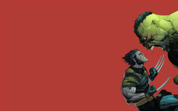Hulk confronts Wolverine in this striking 8K Ultra HD comic-style wallpaper, showcasing their intense rivalry against a bold red background.
