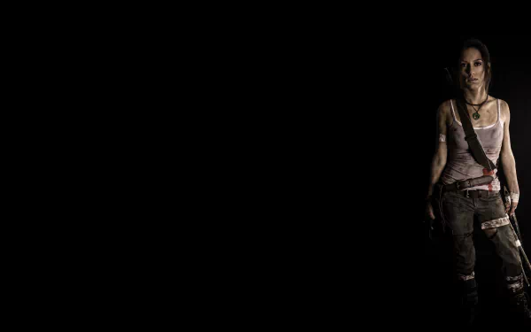 Lara Croft (Tomb Raider) cosplay — gritty woman adventurer in tank top and cargo pants against a black void; 8K Ultra HD PC desktop wallpaper/background.