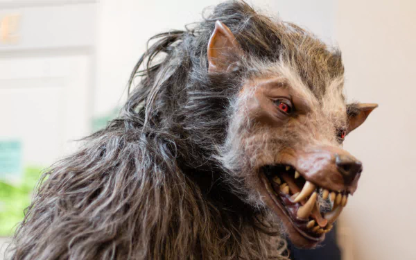 Close-up of a dark werewolf with sharp teeth and red eyes, rendered in 4K Ultra HD for a striking PC desktop wallpaper and background.