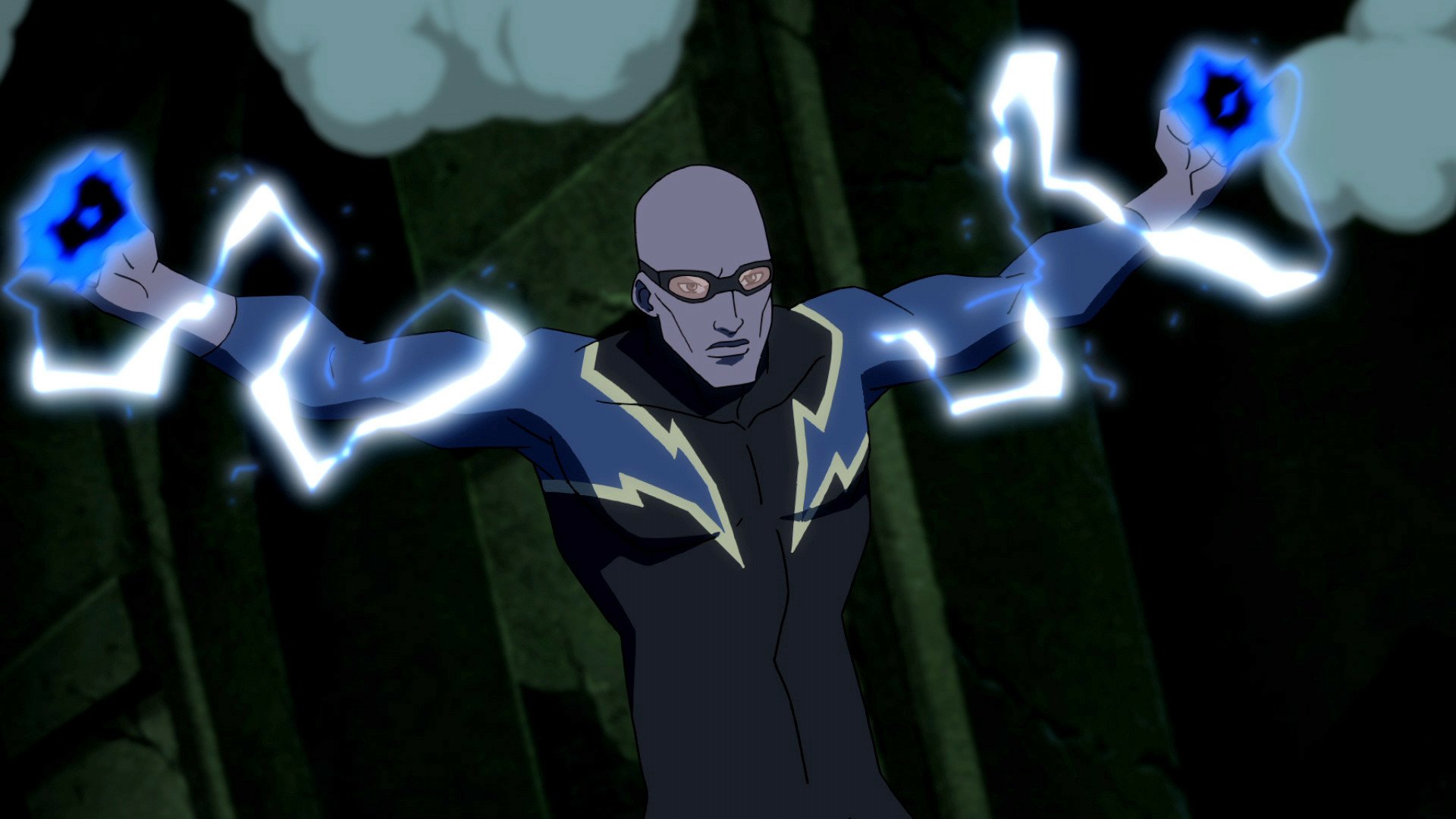 HD desktop wallpaper featuring Jefferson Pierce as Black Lightning from the TV show Young Justice, showcasing him with glowing electric powers in action.