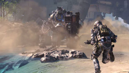 HD PC desktop wallpaper featuring an intense battle scene from the video game Titanfall, showcasing a soldier facing a towering mech in a dust-filled urban environment.