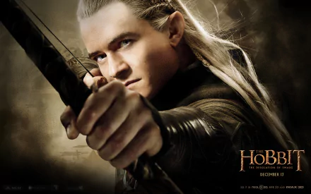 A striking HD wallpaper featuring a character from The Hobbit: The Desolation of Smaug, showcasing an archer with intense focus, poised with a bow and arrow.
