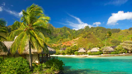 A serene tropical cottage by the beach, surrounded by lush greenery and mountains, with clear blue water and a vibrant sky. An inviting HD desktop wallpaper for any nature lover.