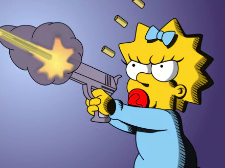 Maggie Simpson from The Simpsons fiercely brandishes a toy gun, showcasing her playful yet determined character in this vibrant HD desktop wallpaper.
