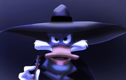 HD desktop wallpaper featuring Darkwing Duck from the TV show, depicted with his signature wide-brimmed hat and intense gaze against a dark background.