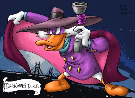 HD PC desktop wallpaper featuring Darkwing Duck from the TV show, striking a dynamic pose with his signature purple costume and cape against a dark city backdrop.