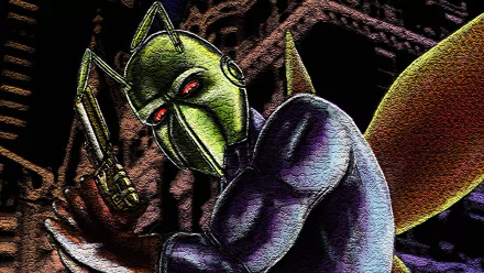 Comic-style killer moth with armored green helmet and glowing red eyes, crouched with clenched hands against a dark gothic skyline — HD PC desktop wallpaper/background.