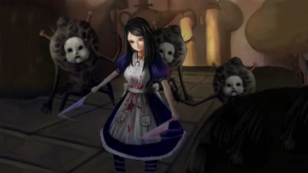 HD PC desktop wallpaper featuring Alice from the video game Alice: Madness Returns, surrounded by eerie creatures in a dark, atmospheric setting.