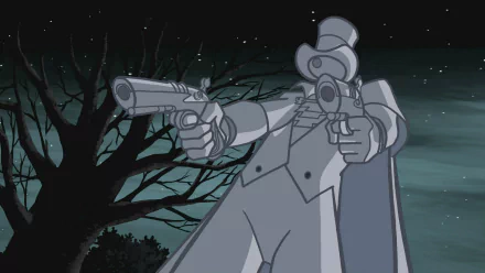 HD PC wallpaper of Gentleman Ghost from the TV show Batman: The Brave and the Bold — ghostly villain in top hat and cape aiming twin pistols under a moonlit, tree-lined sky.