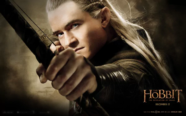A striking HD wallpaper featuring a character from The Hobbit: The Desolation of Smaug, showcasing an archer with intense focus, poised with a bow and arrow.