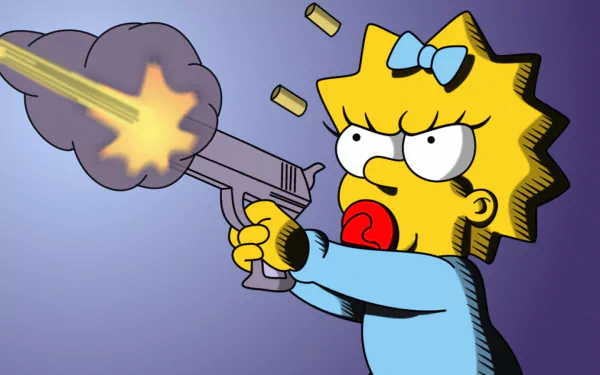 Maggie Simpson from The Simpsons fiercely brandishes a toy gun, showcasing her playful yet determined character in this vibrant HD desktop wallpaper.