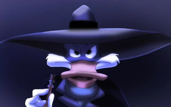 HD desktop wallpaper featuring Darkwing Duck from the TV show, depicted with his signature wide-brimmed hat and intense gaze against a dark background.