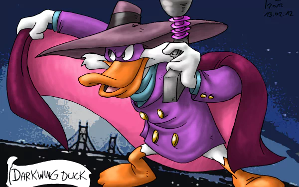 HD PC desktop wallpaper featuring Darkwing Duck from the TV show, striking a dynamic pose with his signature purple costume and cape against a dark city backdrop.