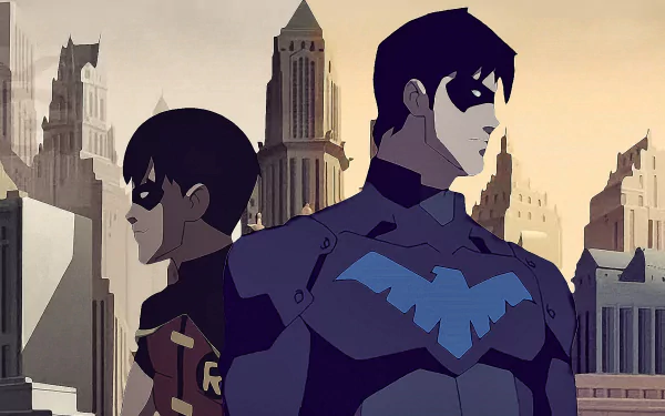 Nightwing and Robin stand back-to-back against a city skyline in this HD wallpaper from the DC Comics TV show Young Justice. A striking depiction of their superhero legacy.