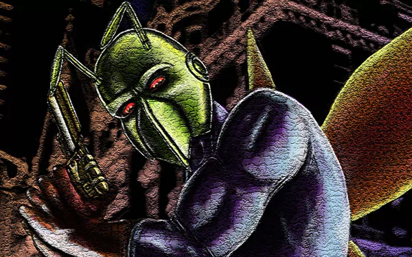 Comic-style killer moth with armored green helmet and glowing red eyes, crouched with clenched hands against a dark gothic skyline — HD PC desktop wallpaper/background.
