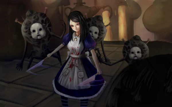 HD PC desktop wallpaper featuring Alice from the video game Alice: Madness Returns, surrounded by eerie creatures in a dark, atmospheric setting.