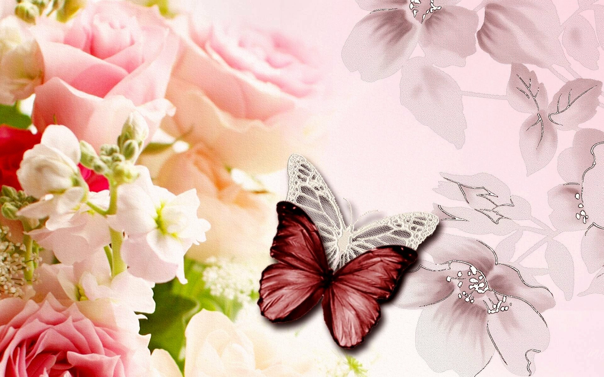 A vibrant butterfly perched among delicate pink roses and soft floral accents, creating an enchanting HD wallpaper and background filled with natural beauty.