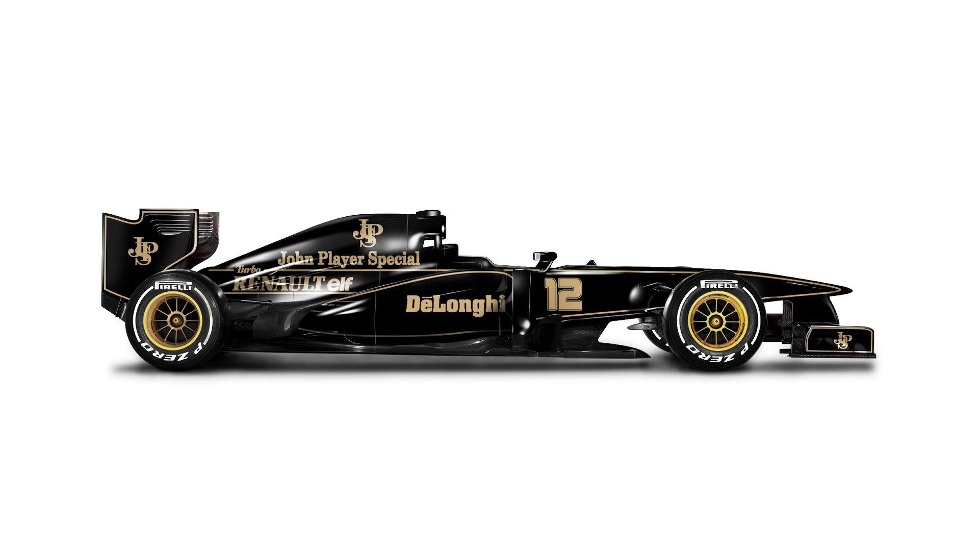 HD PC desktop wallpaper featuring a sleek black and gold Formula 1 race car with detailed branding and aerodynamic design, capturing the spirit of F1 sports.