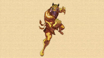 Comic-style Bronze Tiger lunging in mid-kick on a textured beige background — HD PC desktop wallpaper