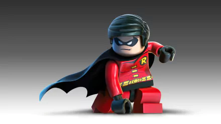 LEGO Robin from DC Comics, featuring Tim Drake, poses dynamically in this 4K Ultra HD wallpaper inspired by LEGO Batman 2: DC Super Heroes.