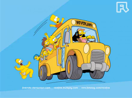 HD desktop wallpaper featuring The Simpsons characters—Bart, Lisa, Homer, Otto, Ralph, Milhouse, and Nelson—riding the iconic Neverland school bus.