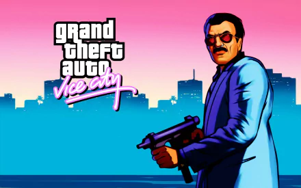 A vibrant HD wallpaper from Grand Theft Auto: Vice City features Diego Méndez, holding a gun with a city skyline in the background, showcasing the game's iconic style.