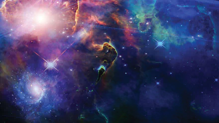 HD desktop wallpaper featuring a vibrant sci-fi nebula with colorful clouds, bright stars, and deep space elements.