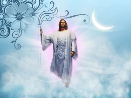 HD desktop wallpaper depicting a serene image of Jesus in white robes standing amidst clouds with a crescent moon and floral patterns in the background.