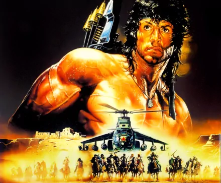 A dynamic HD wallpaper featuring Sylvester Stallone as Rambo in Rambo III, showcasing intense action with a helicopter and soldiers against a fiery backdrop.
