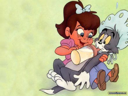 HD desktop wallpaper of the TV show Tom and Jerry, featuring a baby feeding Tom with a milk bottle.
