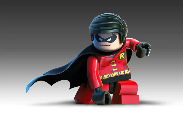 LEGO Robin from DC Comics, featuring Tim Drake, poses dynamically in this 4K Ultra HD wallpaper inspired by LEGO Batman 2: DC Super Heroes.