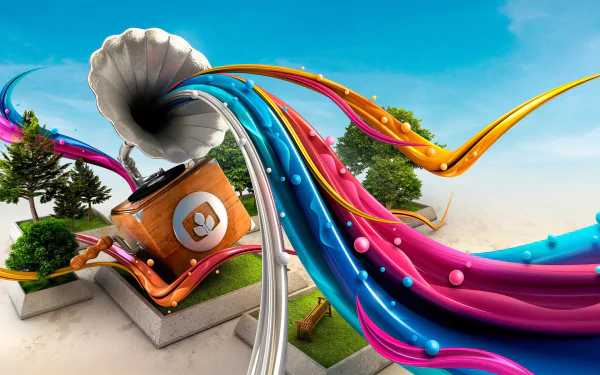 Artistic gramophone HD PC desktop wallpaper and background: a vintage horn unleashing swirling blue, pink and orange ribbon streams over floating planters and trees against a bright sky.