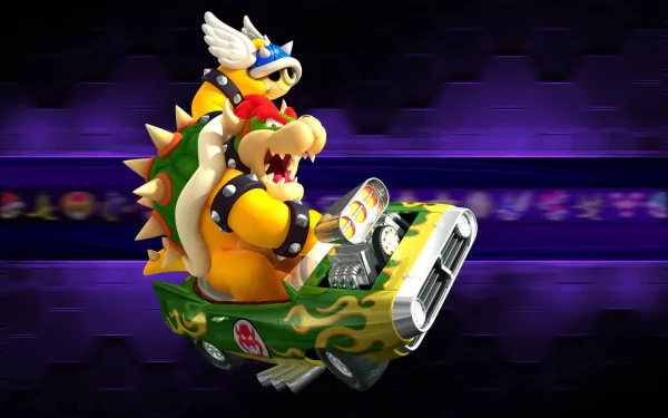 A vibrant HD wallpaper featuring Bowser racing in a green car with flames, representing the Blue Shell from Mario Kart Wii, set against a dynamic purple background.
