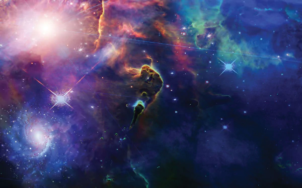 HD desktop wallpaper featuring a vibrant sci-fi nebula with colorful clouds, bright stars, and deep space elements.
