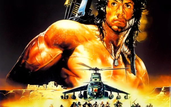 A dynamic HD wallpaper featuring Sylvester Stallone as Rambo in Rambo III, showcasing intense action with a helicopter and soldiers against a fiery backdrop.
