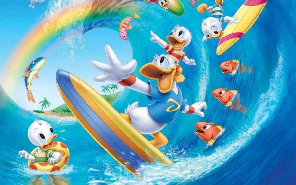 Movie Disney Donald Duck Louie Duck Dewey Duck Daisy Duck Huey Duck Surfing Fish Rainbow HD Wallpaper | Background Image